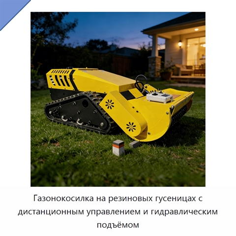 Газонокосилка на резиновых гусеницах с дистанционным управлением и гидравлическим подъёмом