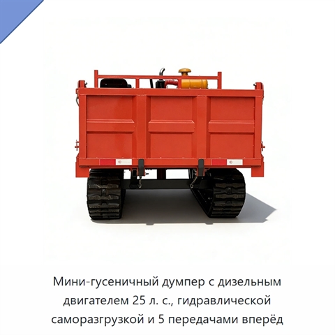 Мини-гусеничный думпер с дизельным двигателем 25 л. с., гидравлической саморазгрузкой и 5 передачами вперёд