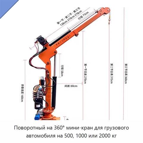 Поворотный на 360° мини-кран для грузового автомобиля на 500, 1000 или 2000 кг
