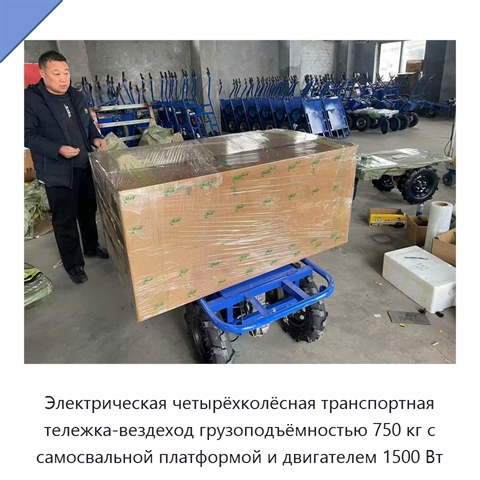 Электрическая четырёхколёсная транспортная тележка-вездеход грузоподъёмностью 750 кг с самосвальной платформой и двигателем 1500 Вт