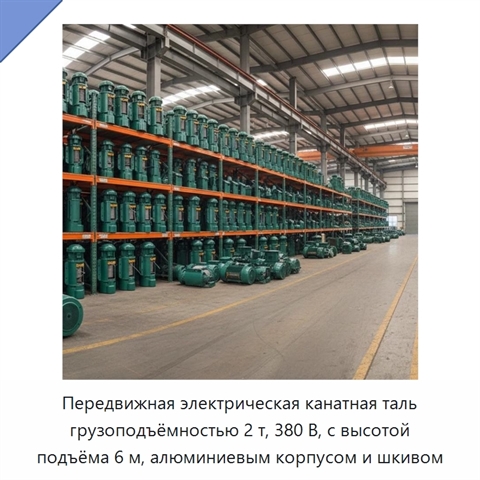 Передвижная электрическая канатная таль грузоподъёмностью 2 т, 380 В, с высотой подъёма 6 м, алюминиевым корпусом и шкивом