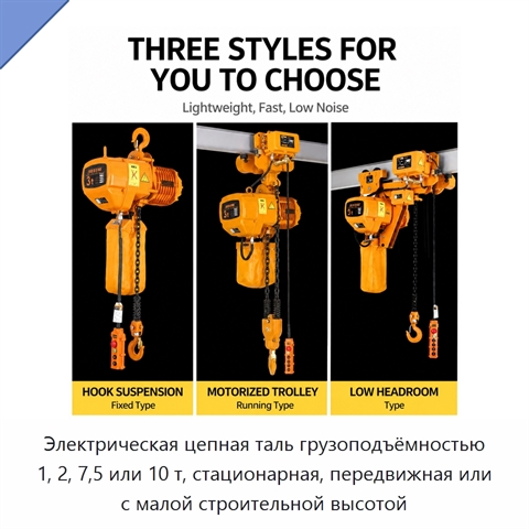 Электрическая цепная таль грузоподъёмностью 1, 2, 7,5 или 10 т, стационарная, передвижная или с малой строительной высотой