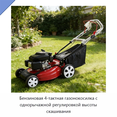 Бензиновая 4-тактная газонокосилка с однорычажной регулировкой высоты скашивания