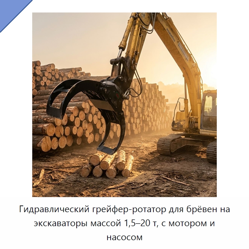 Гидравлический грейфер-ротатор для брёвен на экскаваторы массой 1,5–20 т, с мотором и насосом — Навесное оборудование для строительной техники