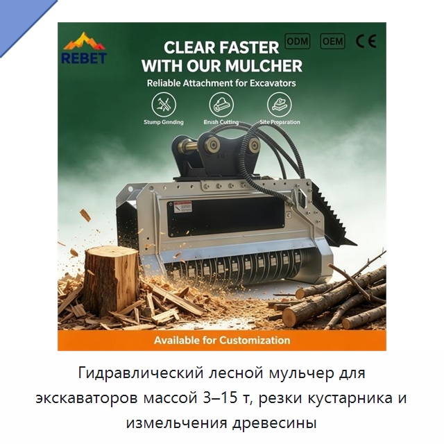 Гидравлический лесной мульчер для экскаваторов массой 3–15 т, резки кустарника и измельчения древесины — Навесное оборудование для строительной техники
