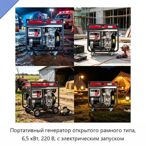Портативный генератор открытого рамного типа, 6,5 кВт, 220 В, с электрическим запуском