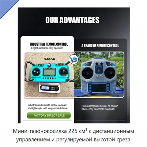 Мини-газонокосилка 225 см³ с дистанционным управлением и регулируемой высотой среза