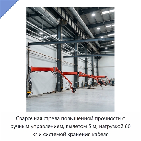 Сварочная стрела повышенной прочности с ручным управлением, вылетом 5 м, нагрузкой 80 кг и системой хранения кабеля