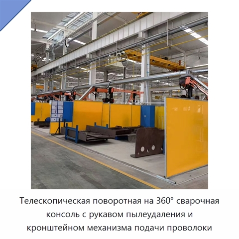 Телескопическая поворотная на 360° сварочная консоль с рукавом пылеудаления и кронштейном механизма подачи проволоки