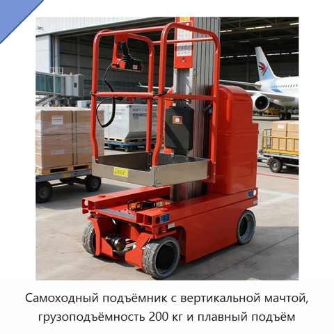 Самоходный подъёмник с вертикальной мачтой, грузоподъёмность 200 кг и плавный подъём