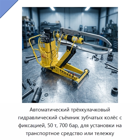 Автоматический трёхкулачковый гидравлический съёмник зубчатых колёс с фиксацией, 50 т, 700 бар, для установки на транспортное средство или тележку