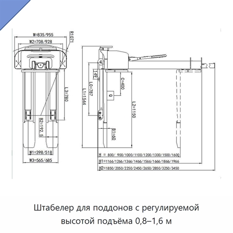 Штабелер для поддонов с регулируемой высотой подъёма 0,8–1,6 м