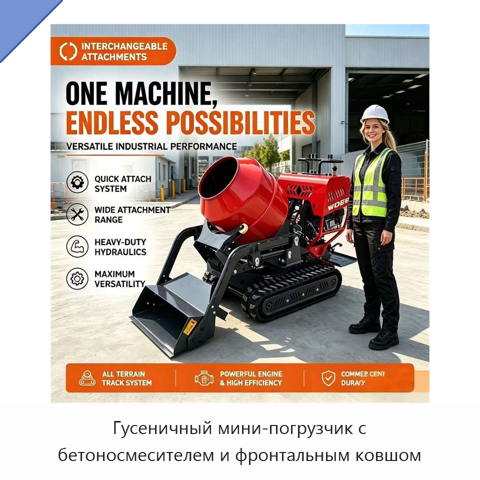 Гусеничный мини-погрузчик с бетоносмесителем и фронтальным ковшом — Оборудование для работы с бетоном
