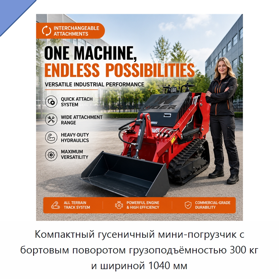 Компактный гусеничный мини-погрузчик с бортовым поворотом грузоподъёмностью 300 кг и шириной 1040 мм — Землеройная техника