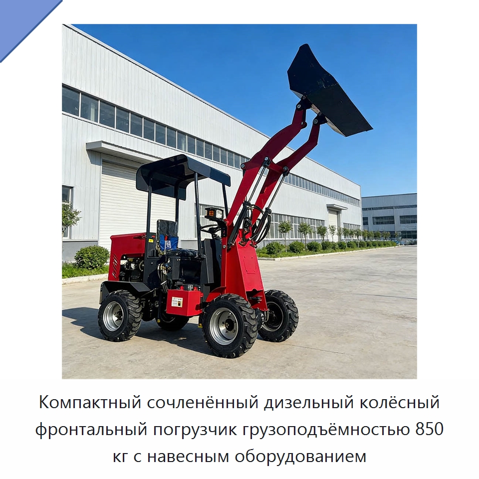 Компактный сочленённый дизельный колёсный фронтальный погрузчик грузоподъёмностью 850 кг с навесным оборудованием — Землеройная техника