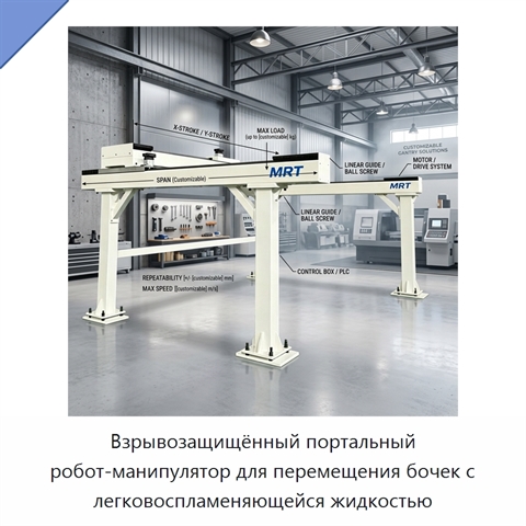 Взрывозащищённый портальный робот-манипулятор для перемещения бочек с легковоспламеняющейся жидкостью
