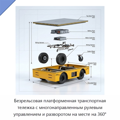 Безрельсовая платформенная транспортная тележка с многонаправленным рулевым управлением и разворотом на месте на 360°