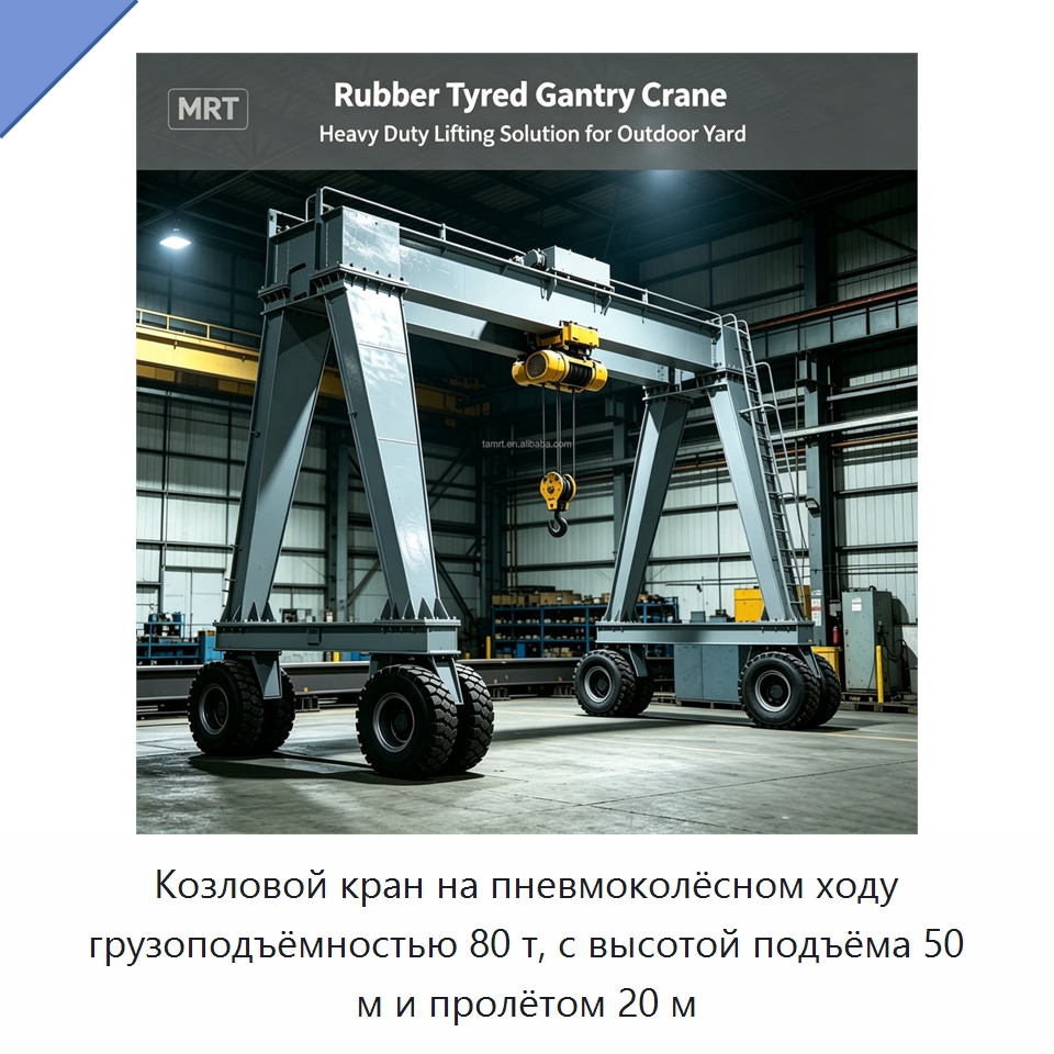 Козловой кран на пневмоколёсном ходу грузоподъёмностью 80 т, с высотой подъёма 50 м и пролётом 20 м — Краны