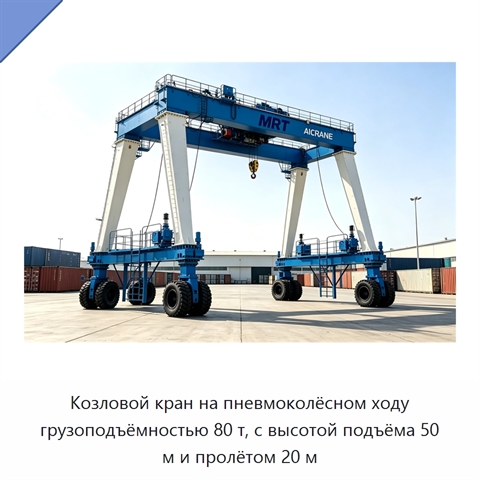 Козловой кран на пневмоколёсном ходу грузоподъёмностью 80 т, с высотой подъёма 50 м и пролётом 20 м