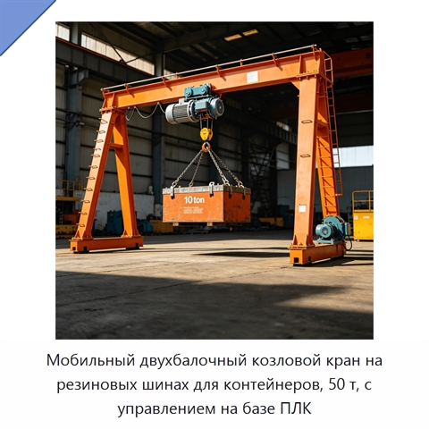Мобильный двухбалочный козловой кран на резиновых шинах для контейнеров, 50 т, с управлением на базе ПЛК