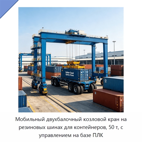 Мобильный двухбалочный козловой кран на резиновых шинах для контейнеров, 50 т, с управлением на базе ПЛК