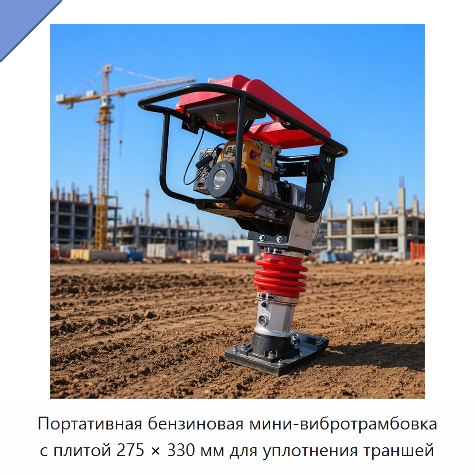 Портативная бензиновая мини-вибротрамбовка с плитой 275 × 330 мм для уплотнения траншей — Трамбовки