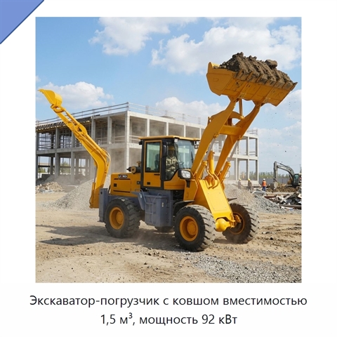 Экскаватор-погрузчик с ковшом вместимостью 1,5 м³, мощность 92 кВт
