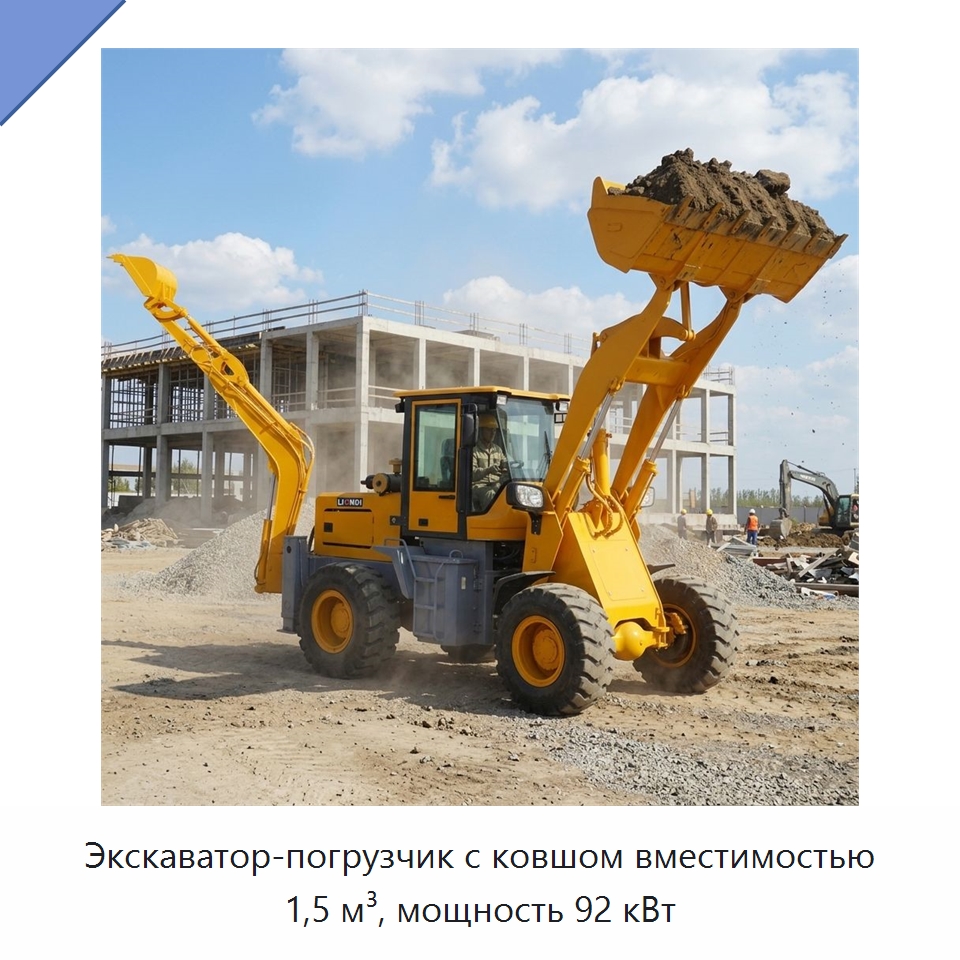 Экскаватор-погрузчик с ковшом вместимостью 1,5 м³, мощность 92 кВт — Землеройная техника