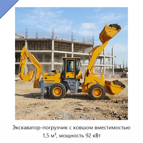 Экскаватор-погрузчик с ковшом вместимостью 1,5 м³, мощность 92 кВт