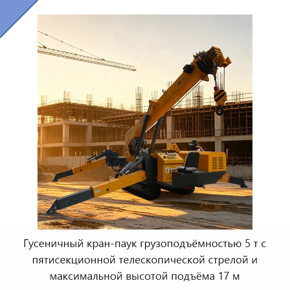 Гусеничный кран-паук грузоподъёмностью 5 т с пятисекционной телескопической стрелой и максимальной высотой подъёма 17 м — Краны