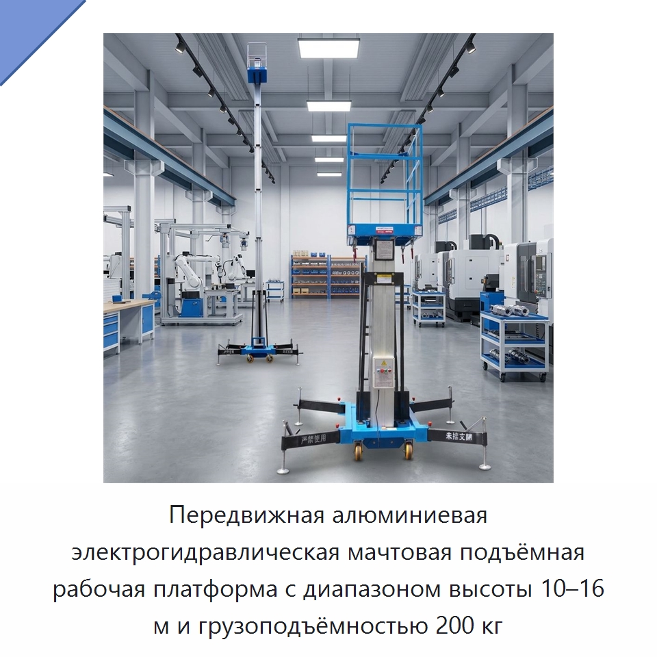 Передвижная алюминиевая электрогидравлическая мачтовая подъёмная рабочая платформа с диапазоном высоты 10–16 м и грузоподъёмностью 200 кг — Электротали