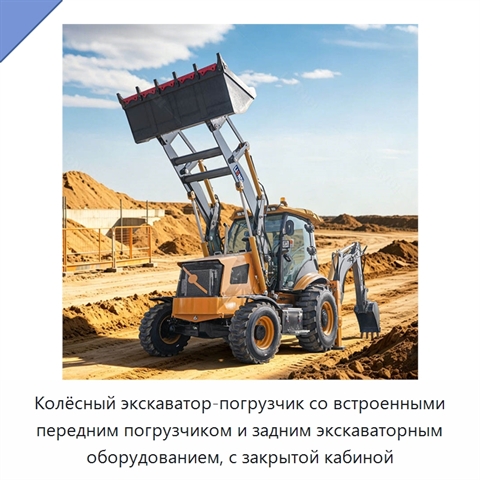 Колёсный экскаватор-погрузчик со встроенными передним погрузчиком и задним экскаваторным оборудованием, с закрытой кабиной