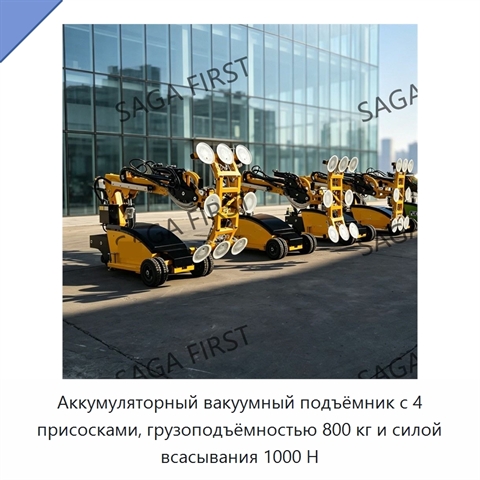 Аккумуляторный вакуумный подъёмник с 4 присосками, грузоподъёмностью 800 кг и силой всасывания 1000 Н