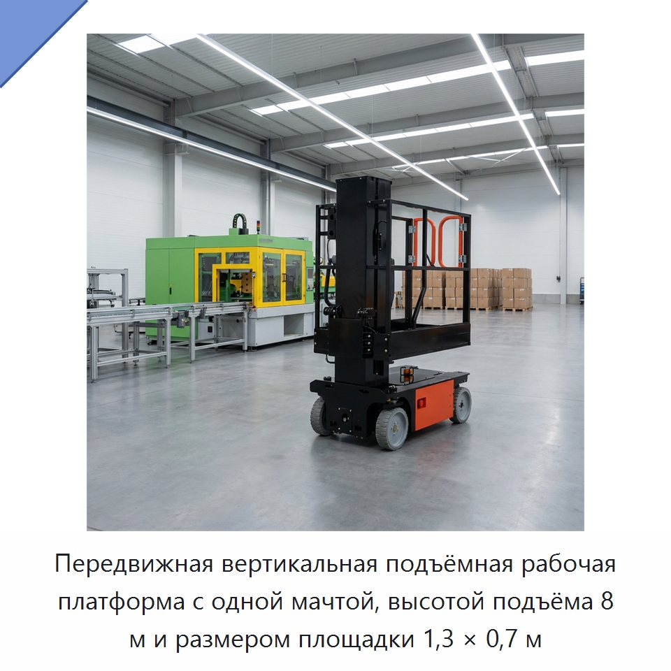 Передвижная вертикальная подъёмная рабочая платформа с одной мачтой, высотой подъёма 8 м и размером площадки 1,3 × 0,7 м — Подъемные столы