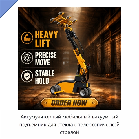 Аккумуляторный мобильный вакуумный подъёмник для стекла с телескопической стрелой