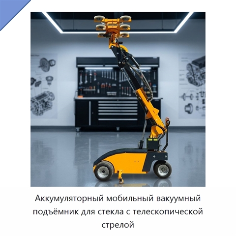 Аккумуляторный мобильный вакуумный подъёмник для стекла с телескопической стрелой
