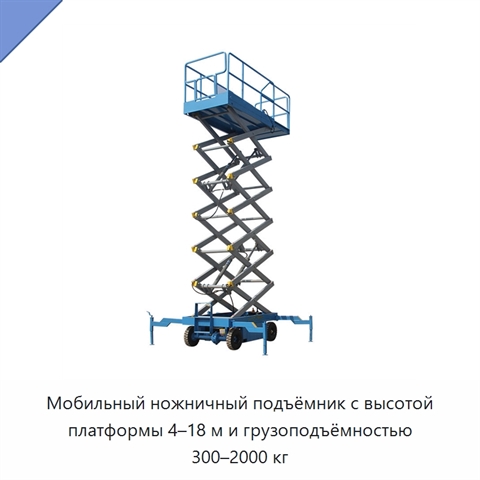 Мобильный ножничный подъёмник с высотой платформы 4–18 м и грузоподъёмностью 300–2000 кг