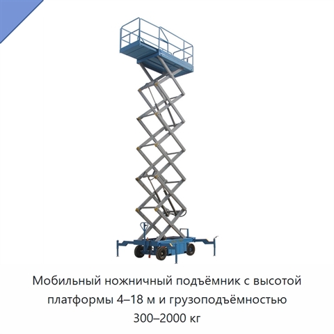 Мобильный ножничный подъёмник с высотой платформы 4–18 м и грузоподъёмностью 300–2000 кг