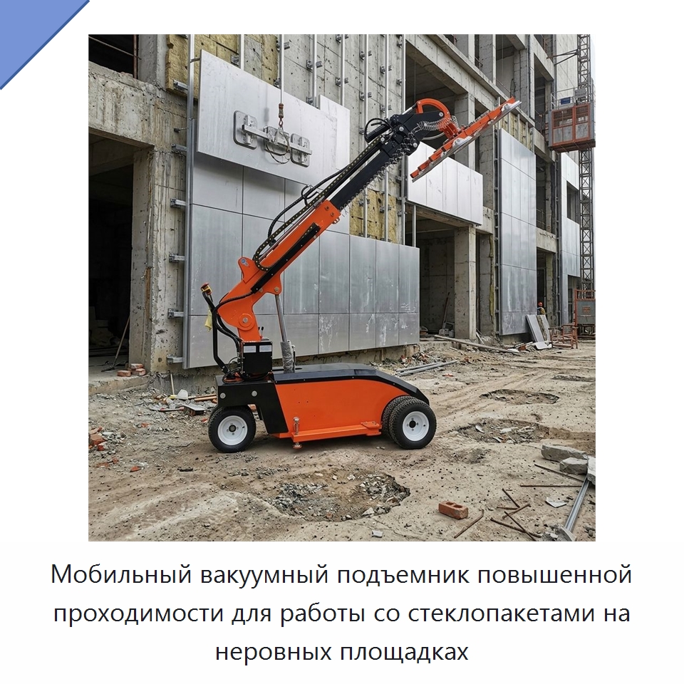 Мобильный вакуумный подъемник повышенной проходимости для работы со стеклопакетами на неровных площадках — Вакуумные грузозахваты