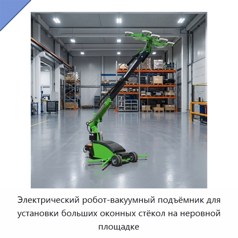 Электрический робот-вакуумный подъёмник для установки больших оконных стёкол на неровной площадке