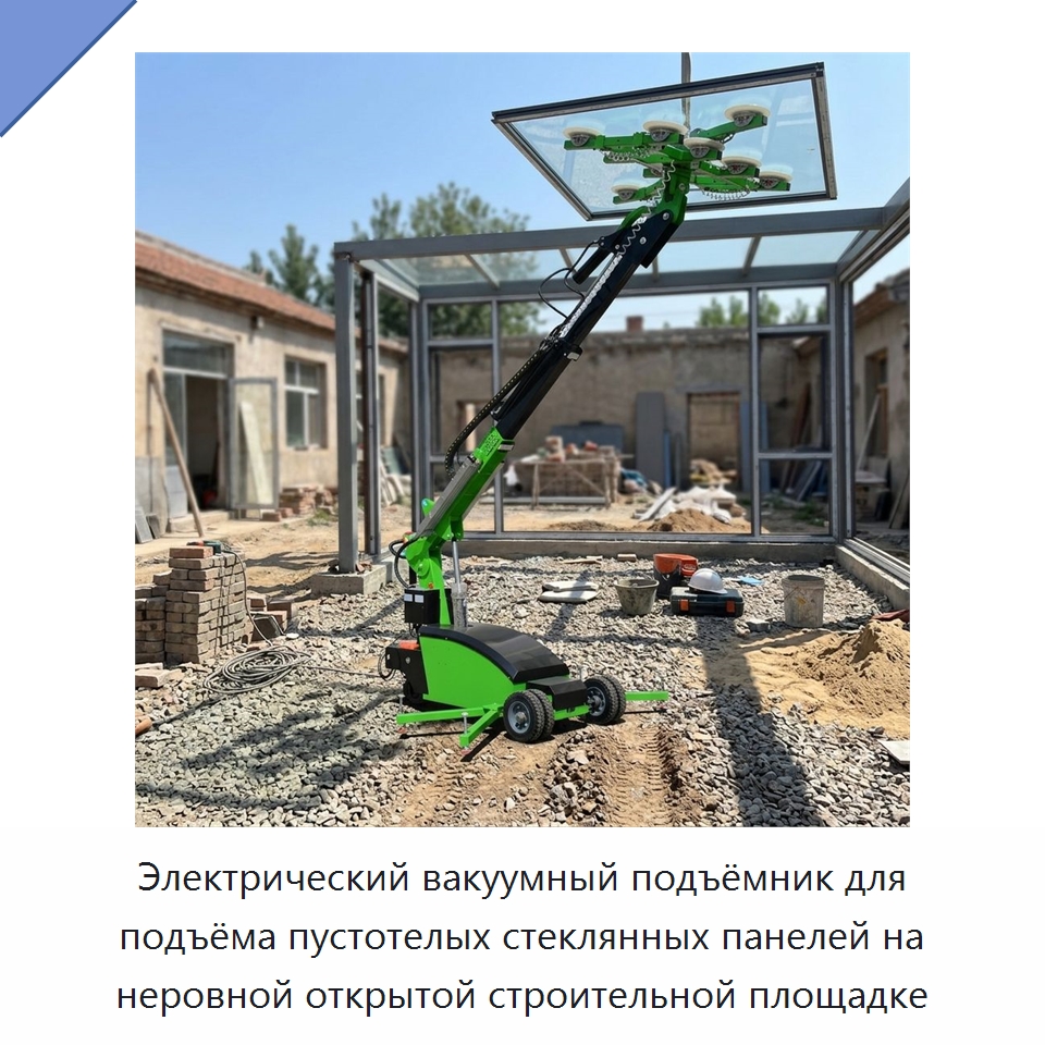 Электрический вакуумный подъёмник для подъёма пустотелых стеклянных панелей на неровной открытой строительной площадке — Вакуумные грузозахваты