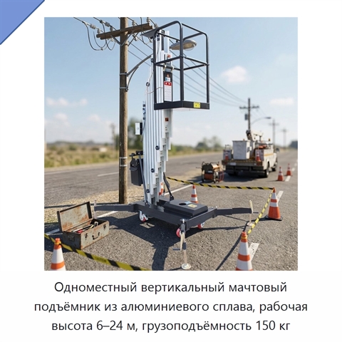 Одноместный вертикальный мачтовый подъёмник из алюминиевого сплава, рабочая высота 6–24 м, грузоподъёмность 150 кг