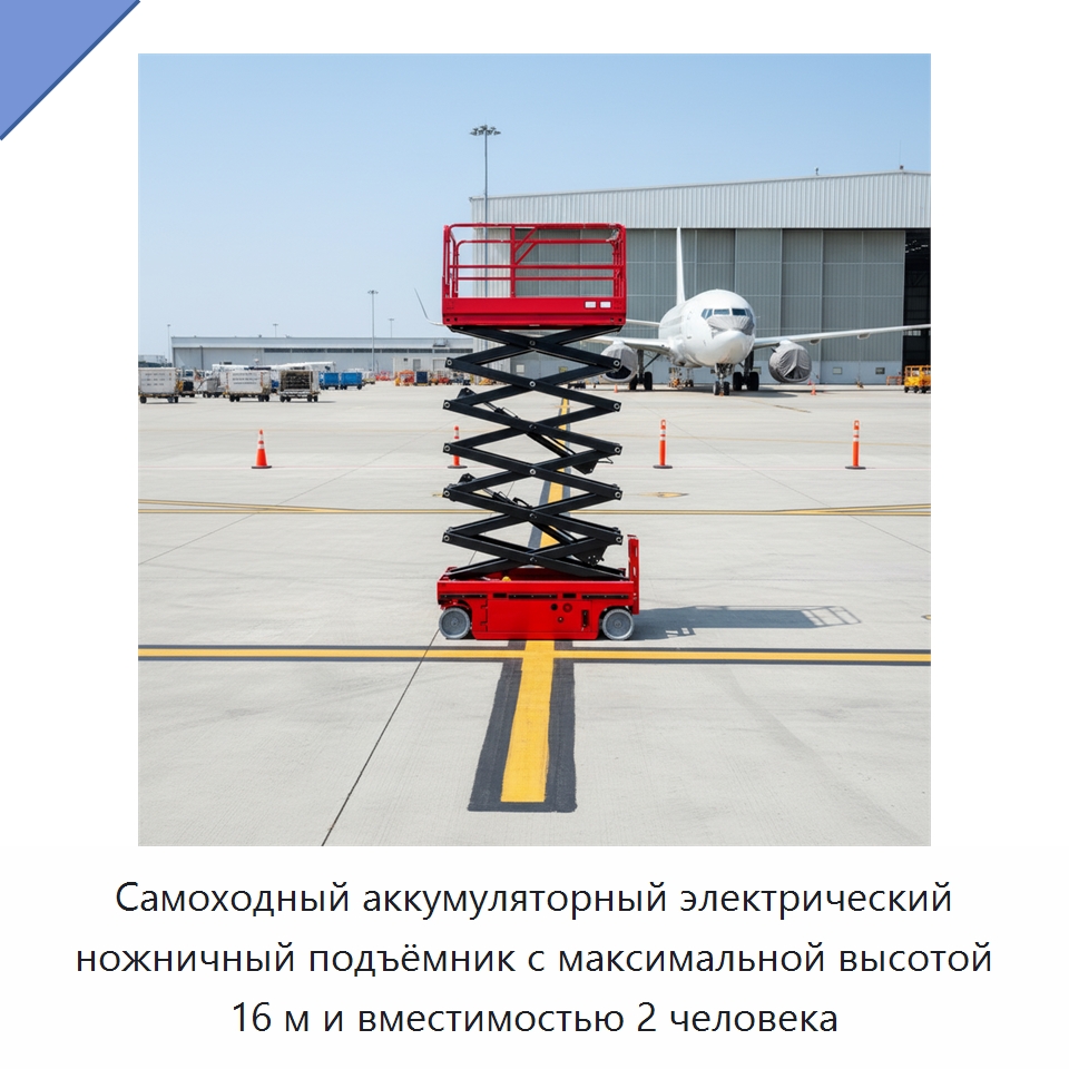 Самоходный аккумуляторный электрический ножничный подъёмник с максимальной высотой 16 м и вместимостью 2 человека — Подъемные столы