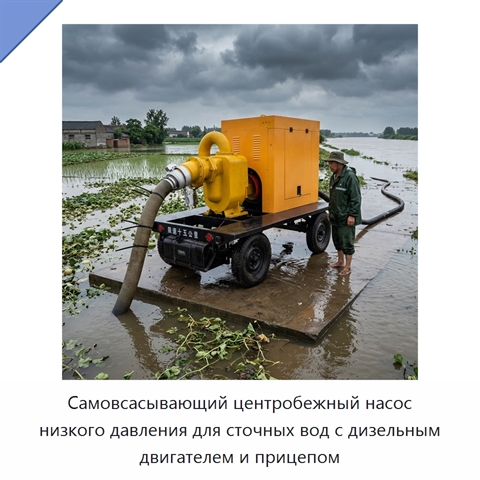 Самовсасывающий центробежный насос низкого давления для сточных вод с дизельным двигателем и прицепом