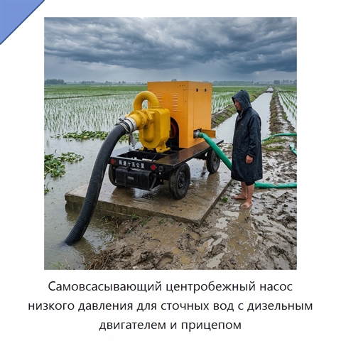 Самовсасывающий центробежный насос низкого давления для сточных вод с дизельным двигателем и прицепом