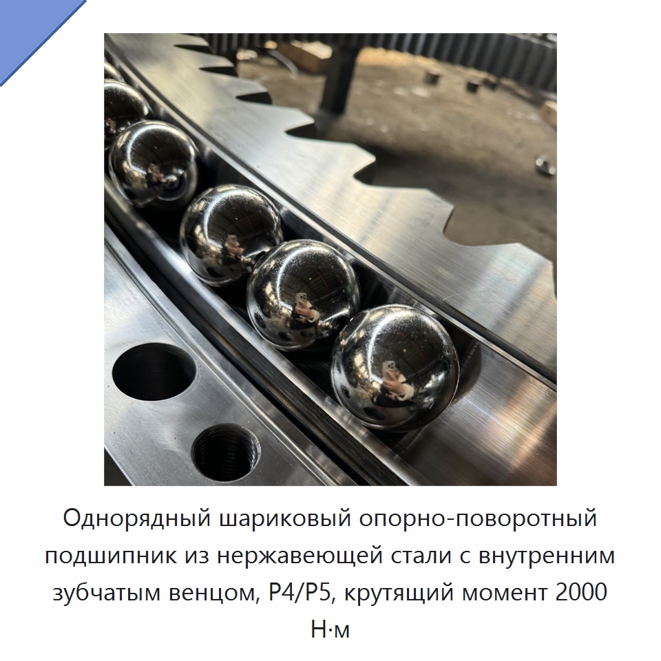 Однорядный шариковый опорно-поворотный подшипник из нержавеющей стали с внутренним зубчатым венцом, P4/P5, крутящий момент 2000 Н·м