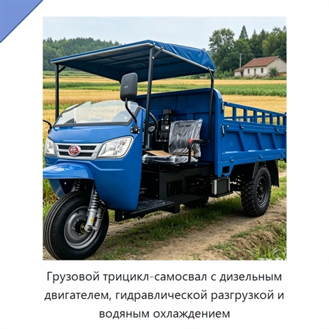 Грузовой трицикл-самосвал с дизельным двигателем, гидравлической разгрузкой и водяным охлаждением