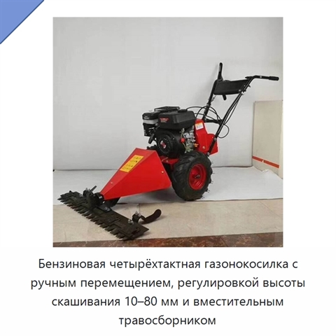 Бензиновая четырёхтактная газонокосилка с ручным перемещением, регулировкой высоты скашивания 10–80 мм и вместительным травосборником