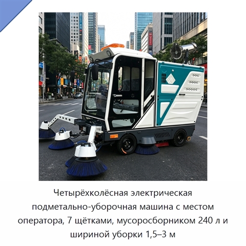 Четырёхколёсная электрическая подметально-уборочная машина с местом оператора, 7 щётками, мусоросборником 240 л и шириной уборки 1,5–3 м