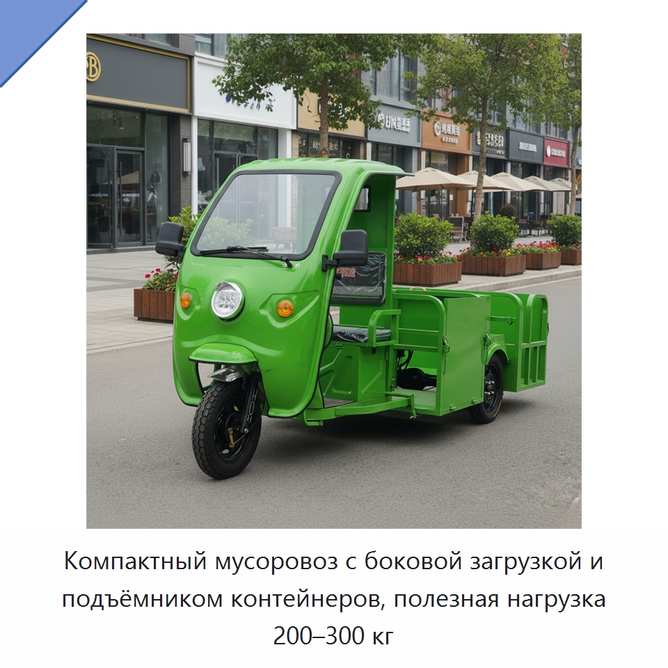 Компактный мусоровоз с боковой загрузкой и подъёмником контейнеров, полезная нагрузка 200–300 кг — Специальные машины и промышленное оборудование